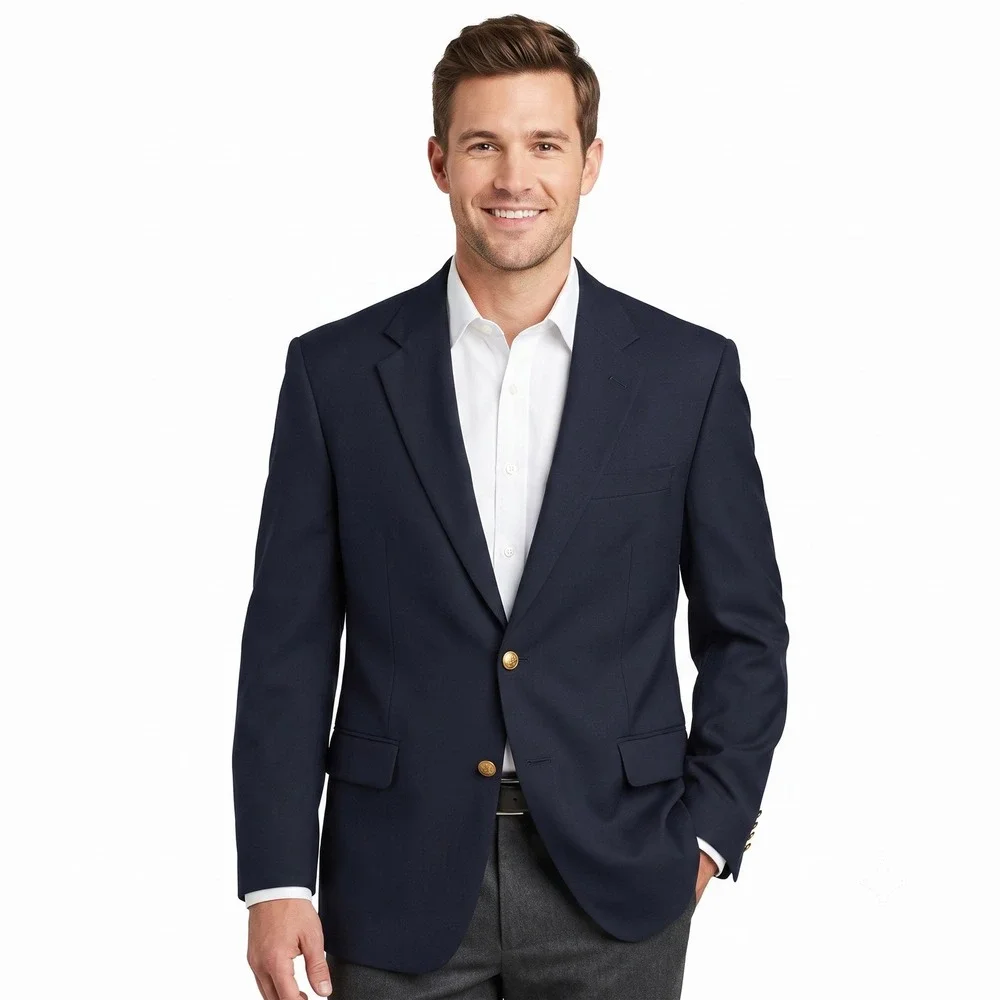 Club Room Mens Navy Blue 100% Wool Blazer Gold Crest Buttons Size 43 Regular